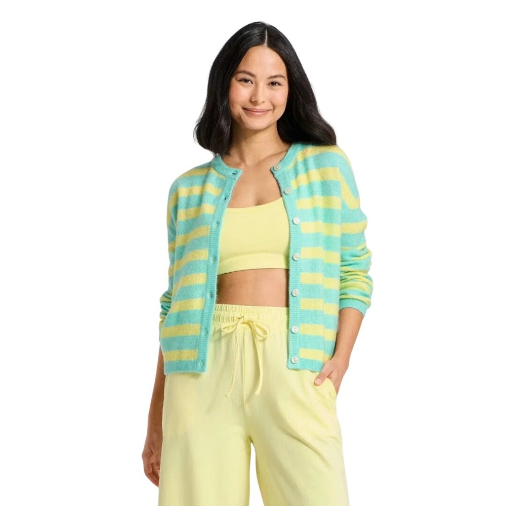 JoyLab Yellow Green Striped Button Down Long Sleeve Cardigan Sweater Size S